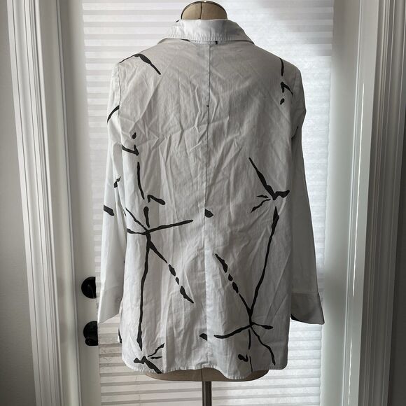 Comfy USA Blouse handkerchief hem abstract print collared size XS, lagenlook. - Picture 6 of 8